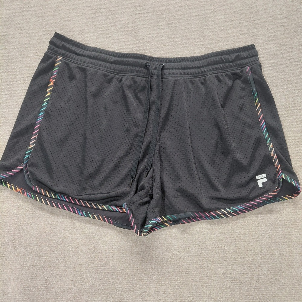Fila Sport Mesh Athletic Shorts Womens XL Black Rainbow Geometric Drawsting